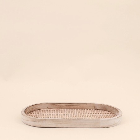 Lot de 2 plateaux ovales en bois et rotin