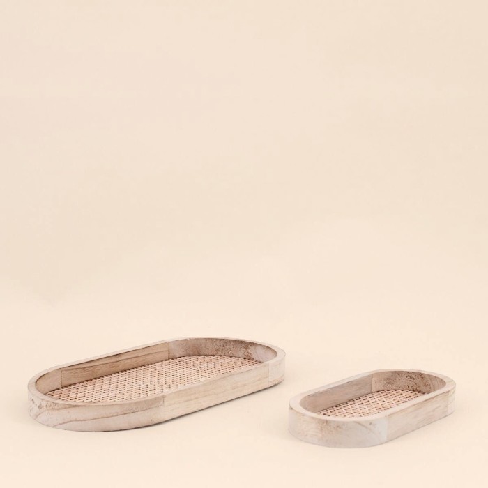 Lot de 2 plateaux ovales en bois et rotin