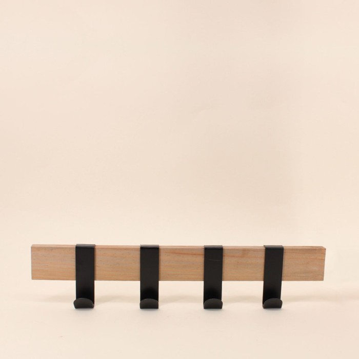 Patère 4 crochets en bois et métal noir 51cm