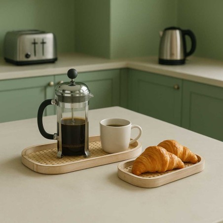 Lot de 2 plateaux ovales en bois et rotin