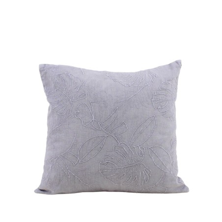 Coussin brodé feuillage en lin gris 40x40 cm | Hashtag Déco
