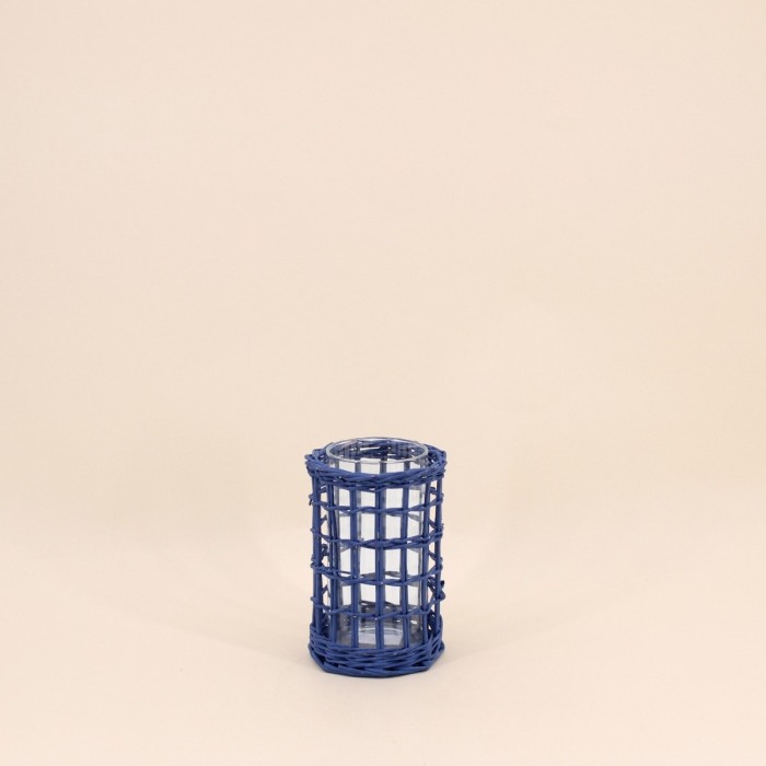 Photophore en rotin bleu 15cm élégant | Hashtag Déco