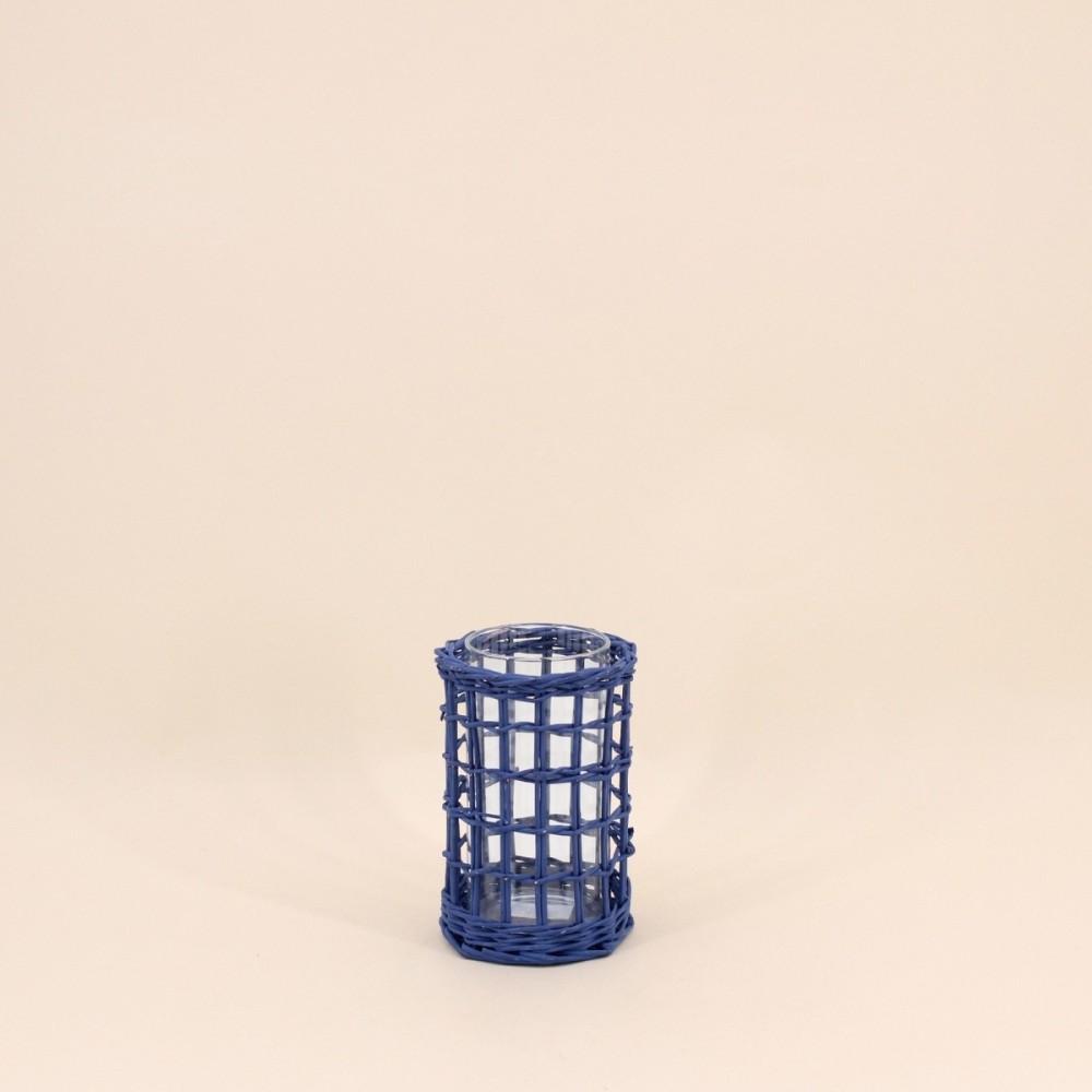 Photophore en rotin bleu 15cm élégant | Hashtag Déco Photophore en rotin bleu 15cm élégant | Hashtag Déco
