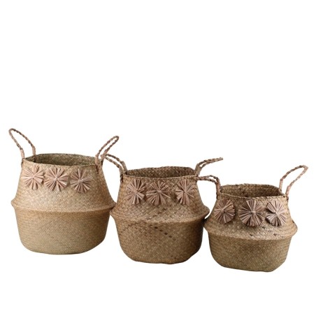 Set de 3 paniers en fibres naturelles avec pompons