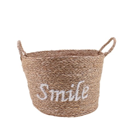 Panier rond brodé "Smile" en jonc de mer naturel | Hashtag Déco