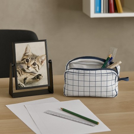 Trousse de toilette coton quadrillage bleu 24x13cm | Hashtag Déco