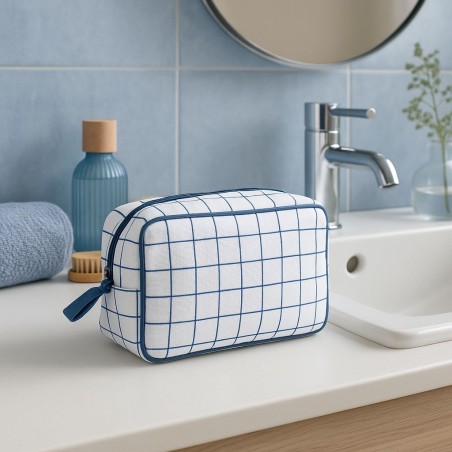 Trousse de toilette coton quadrillage bleu 24x13cm | Hashtag Déco