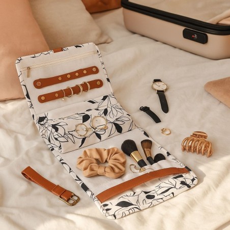 Pochette à bijoux en tissu fleuri marron beige | Hashtag Déco