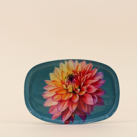 Plateau métal laqué turquoise fleuri 20x14cm | Hashtag Déco