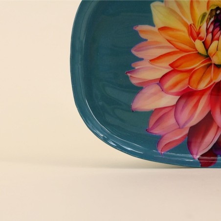 Plateau métal laqué turquoise fleuri 20x14cm | Hashtag Déco