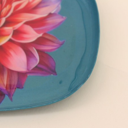 Plateau métal laqué turquoise fleuri 20x14cm | Hashtag Déco
