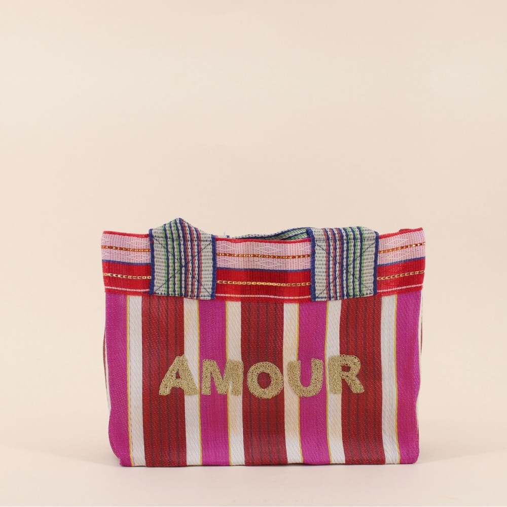 Sac shopping rayé rose en plastique "Amour" | Hashtag Déco
