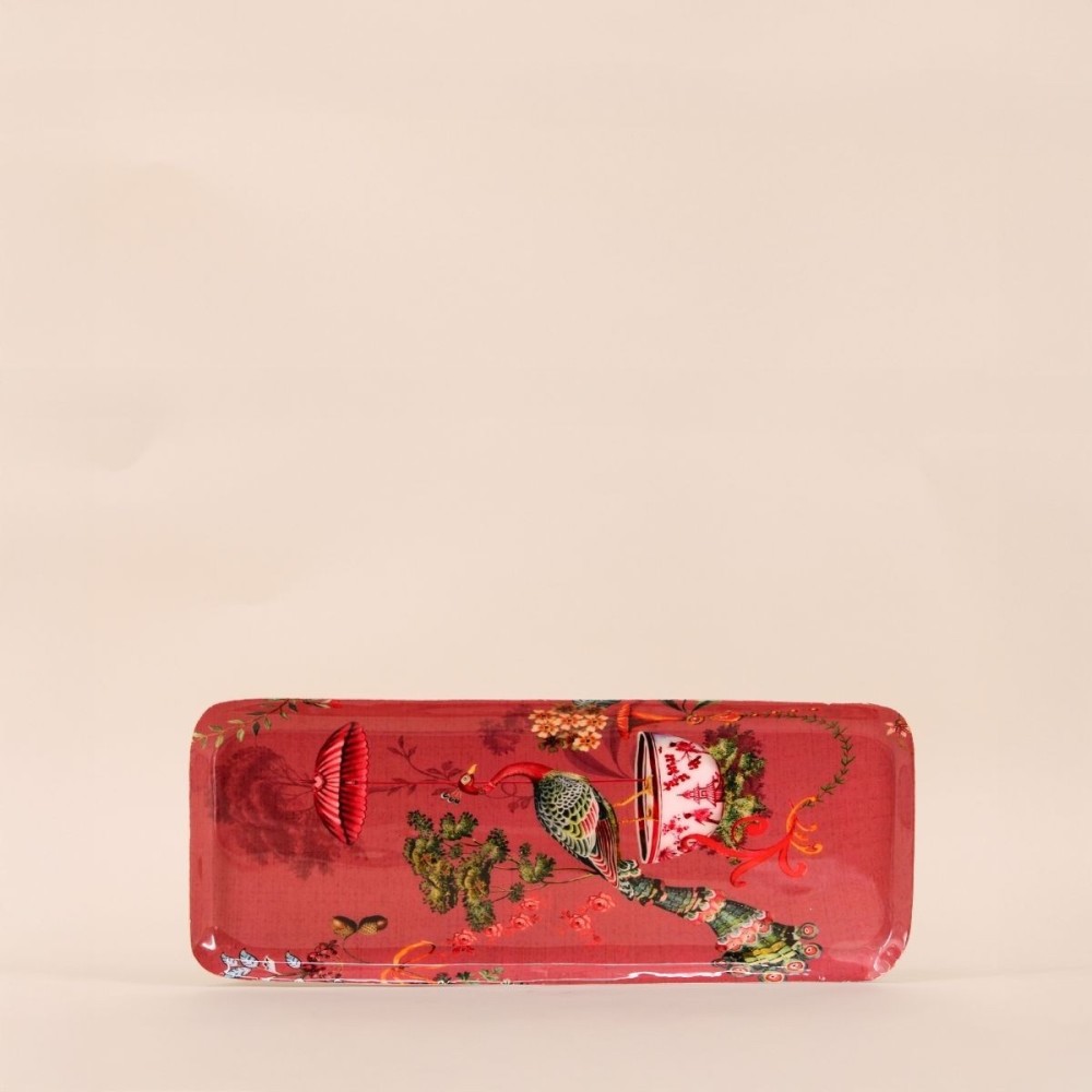 Plateau métal laqué rose 40x16cm exotique | Hashtag Déco