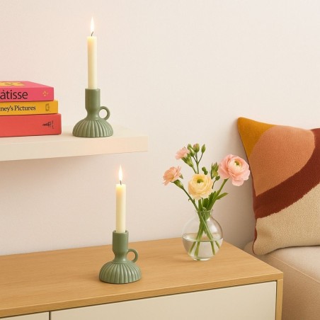 Lot de 2 bougeoirs céramique strié vert | Hashtag Déco