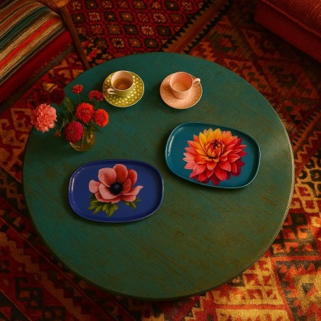 Plateau métal laqué turquoise fleuri 20x14cm | Hashtag Déco