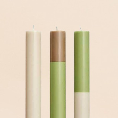Set de 3 bougies rayées beige camel vert en huile | Hashtag Déco