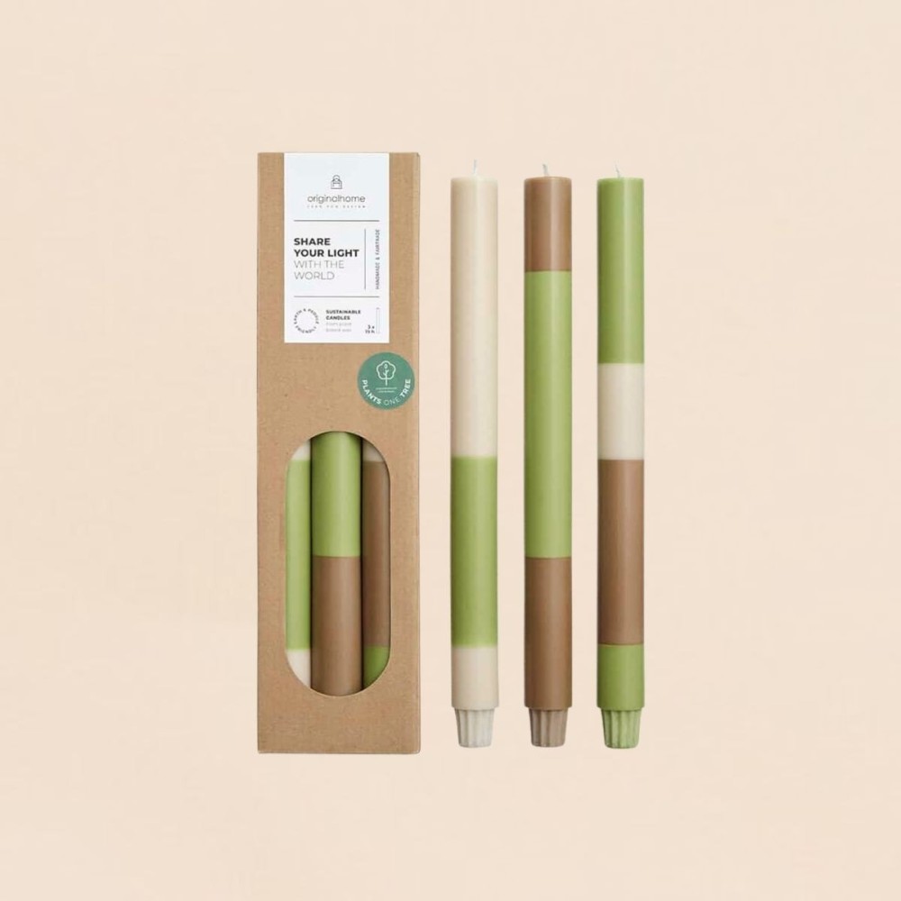 Set de 3 bougies rayées beige camel vert en huile | Hashtag Déco