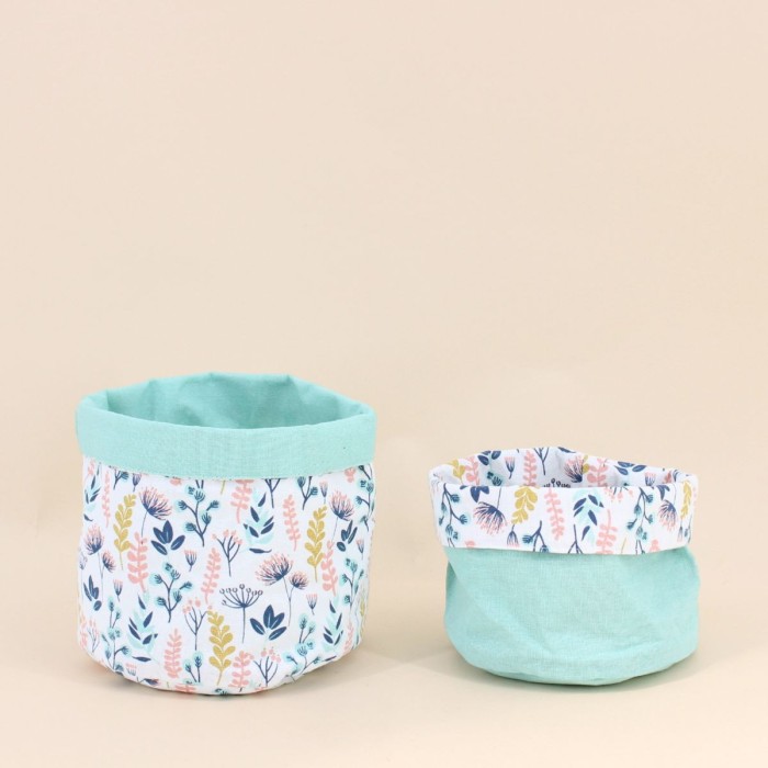 Set de 2 paniers fleuris réversibles coton bleu | Hashtag Déco