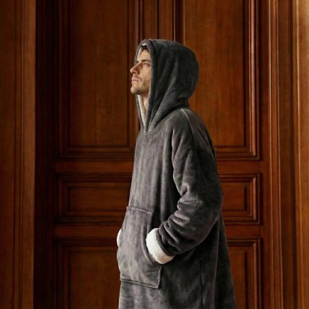 Sweat plaid ultra doux en polyester gris avec poche | Hashtag Déco