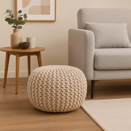 Pouf rond tricot gris 40x30cm pour salon | Hashtag Déco