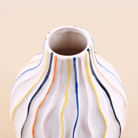 Vase en céramique blanc lignes colorées 19cm | Hashtag Déco