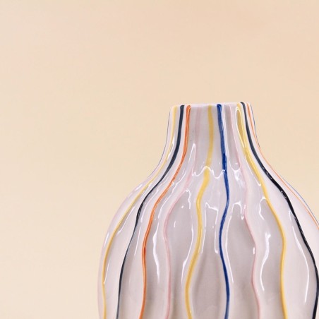 Vase en céramique blanc lignes colorées 19cm | Hashtag Déco