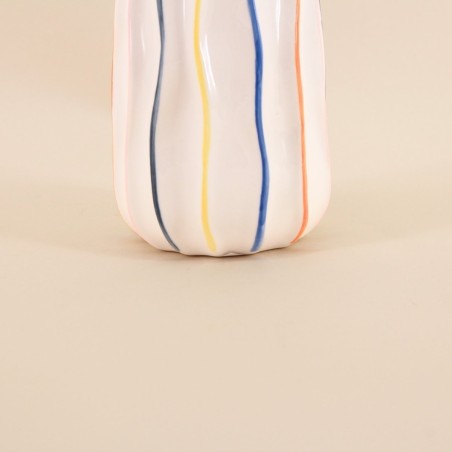 Vase céramique blanc 17cm, lignes colorées | Hashtag Déco