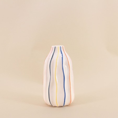 Vase céramique blanc 17cm, lignes colorées | Hashtag Déco