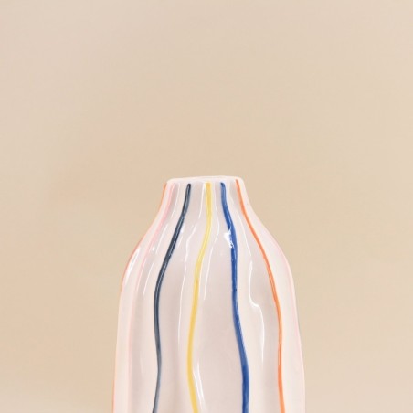 Vase céramique blanc 17cm, lignes colorées | Hashtag Déco