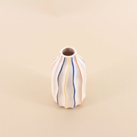 Vase céramique blanc 17cm, lignes colorées | Hashtag Déco