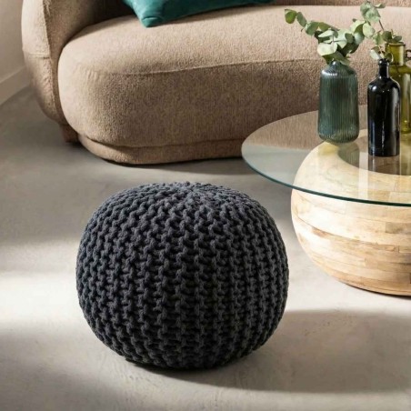 Pouf rond tricot gris 40x30cm pour salon | Hashtag Déco
