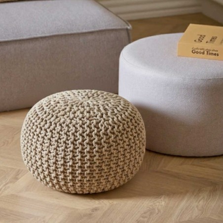 Pouf rond tricot gris 40x30cm pour salon | Hashtag Déco