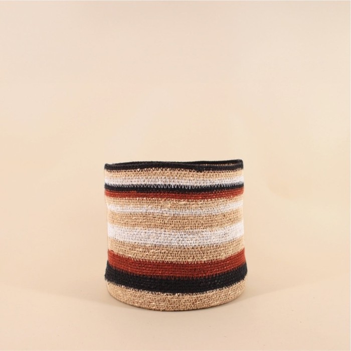 Panier jonc de mer rayé beige marron 23x21cm | Hashtag Déco