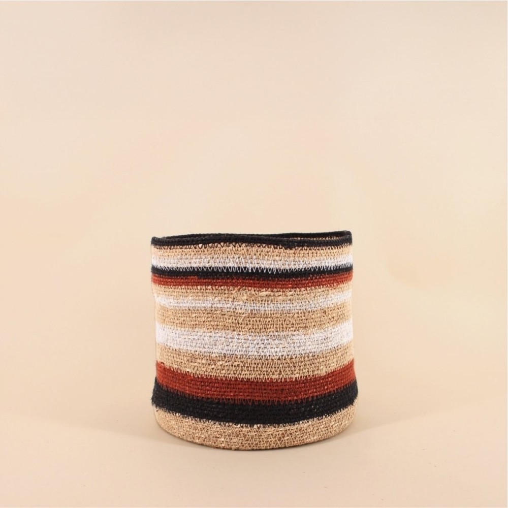 Panier jonc de mer rayé beige marron 23x21cm | Hashtag Déco