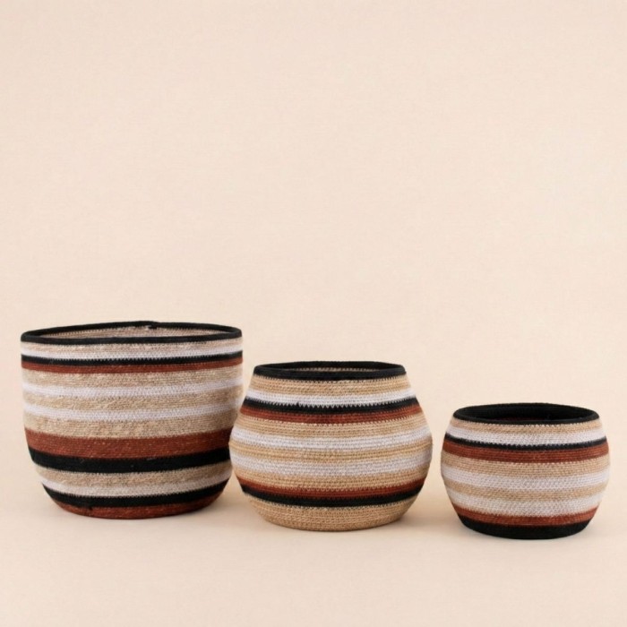 Set de 3 paniers bas jonc de mer marron beige | Hashtag Déco