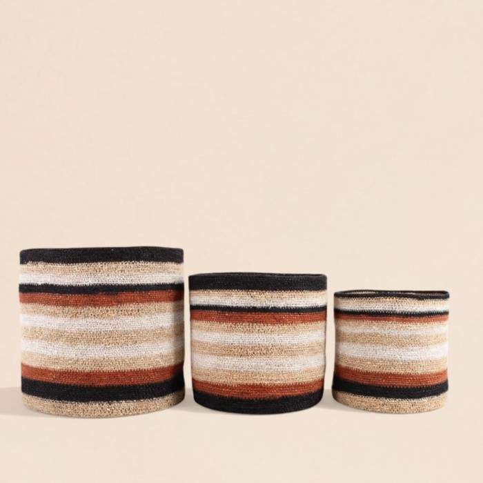Set de 3 paniers en jonc de mer rayés marron, beige | Hashtag Déco