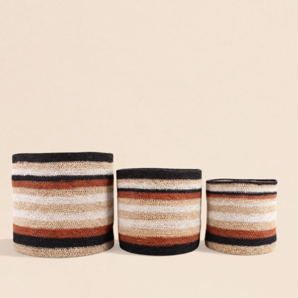 Set de 3 paniers en jonc de mer rayés marron, beige | Hashtag Déco