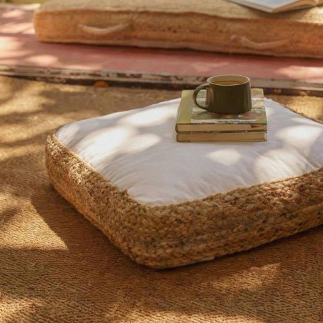 Coussin de sol tissu et jute 40x40cm beige | Hashtag Déco