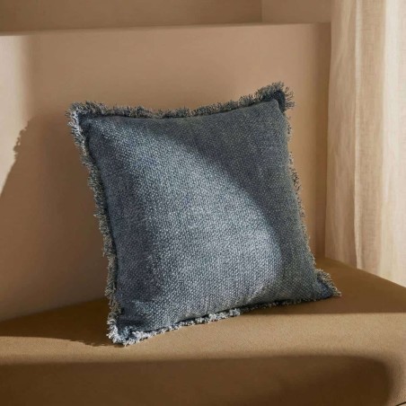 Coussin effet jean à franges bleu 40x40cm | Hashtag Déco