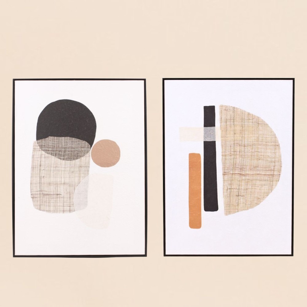 Set de 2 toiles abstraites 3D beige en lin 45x60cm | Hashtag Déco