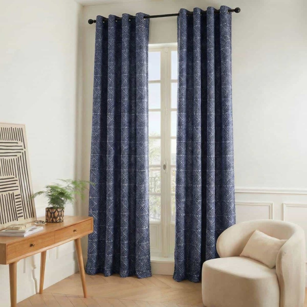 Rideau géométrique coton bleu 140x250cm | Hashtag Déco