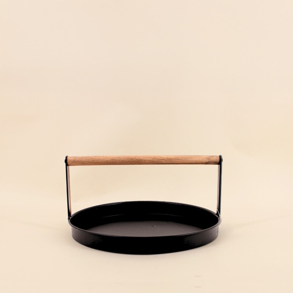 Plateau rond métal noir et bois 29cm | Hashtag Déco