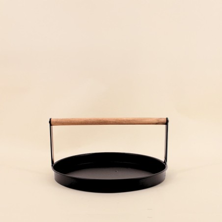 Plateau rond métal noir et bois 29cm | Hashtag Déco