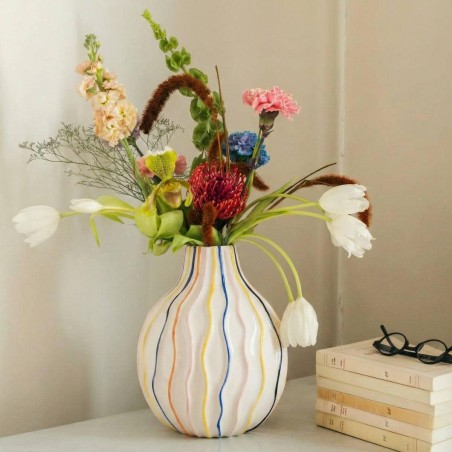 Vase en céramique blanc lignes colorées 19cm | Hashtag Déco