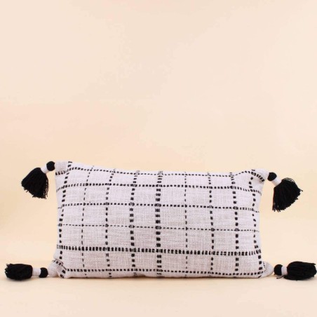 Coussin coton tissé pompons beige/noir 30x50cm | Hashtag Déco