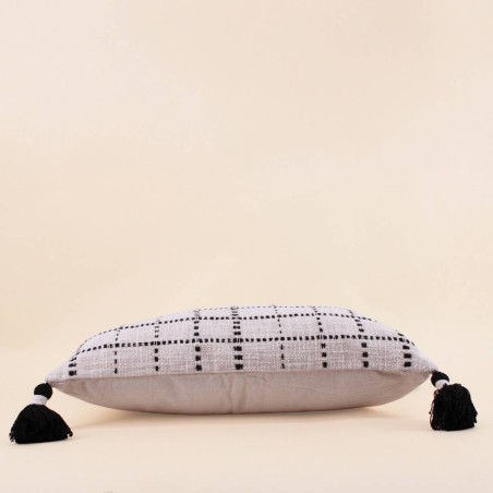 Coussin coton tissé pompons beige/noir 30x50cm | Hashtag Déco