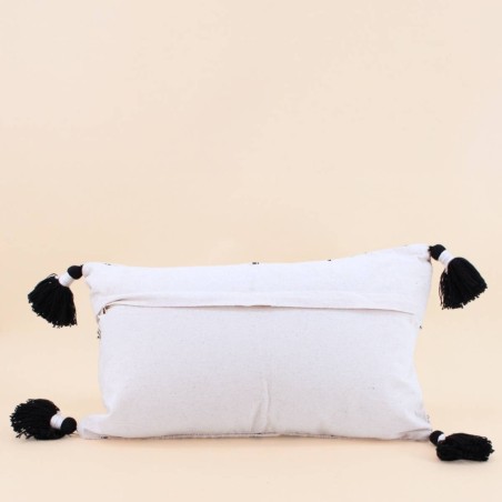 Coussin coton tissé pompons beige/noir 30x50cm | Hashtag Déco