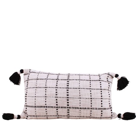 Coussin coton tissé pompons beige/noir 30x50cm | Hashtag Déco